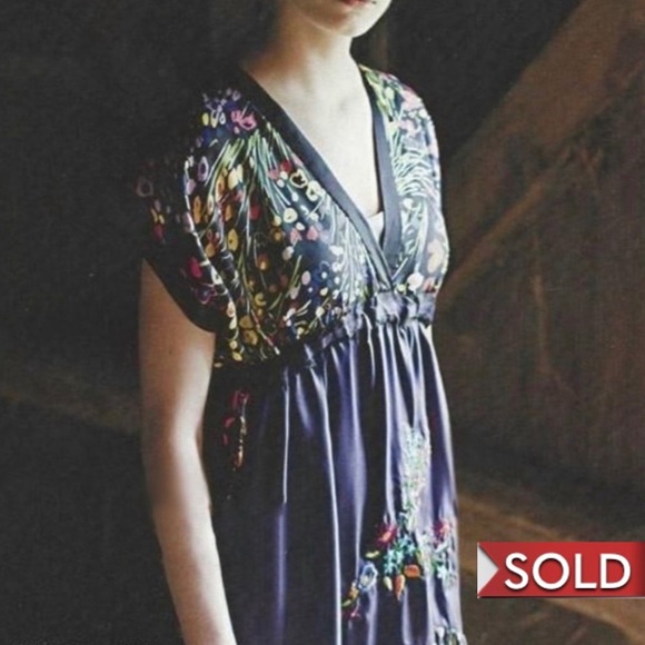 Anthropologie Dresses & Skirts - S O L D Fei Anthropologie Efflorescent 100% Silk Blue Floral Dress V-Neck Large